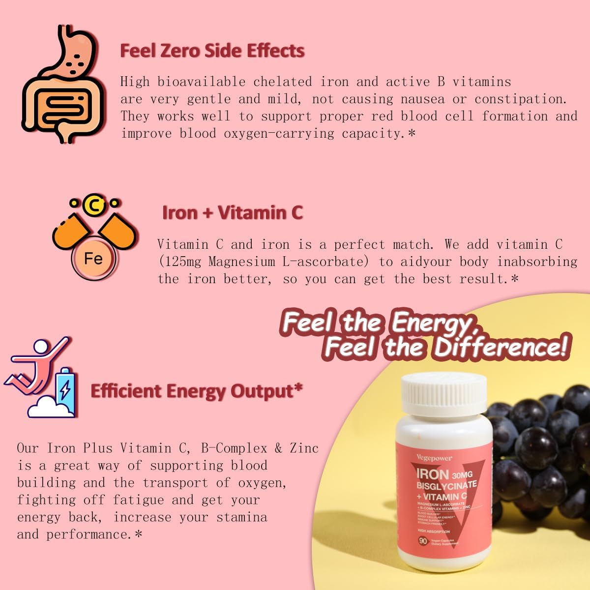 Iron Bisglycinate 30 mg with Vitamin C - High Absorption Iron Supplements for Anemia, Energy & Healthy Red Blood Cells - Gentle on Stomach, Non-Constipating, Non-GMO - 90 Vegan Capsules - Image 5