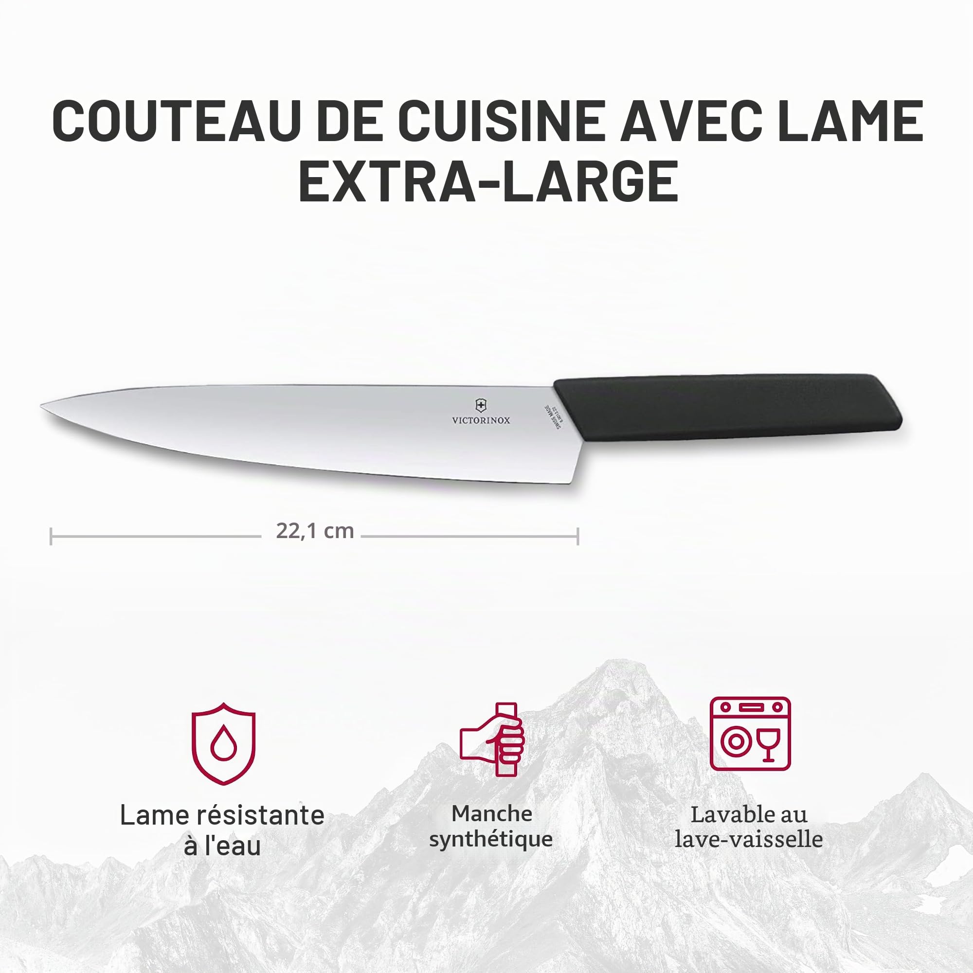 Victorinox Swiss Modern, Couteau à trancher professionnel, Lame extra-tranchante, 22 cm, Manche plastique, Acier inoxydable, noir