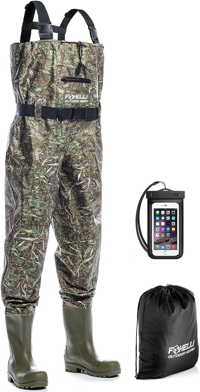 Foxelli Chest Waders – Camo Hunting & Fishing Waders for Men & Women with Boots, 2-ply Nylon/PVC Waterproof Bootfoot Waders, Lightweight & Durable, Carrying Bag Included : Sports & Outdoors