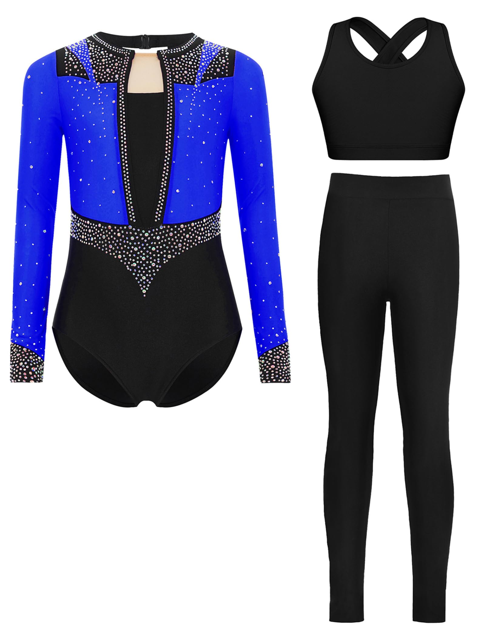 Piezas De Traje De Gimnasia Con Destellos Para Niñas Leotardos De Gimnasia De Manga Larga Tops De Deporte Brasier Y Pantalones Traje De Baile Para Azul 15-16 años