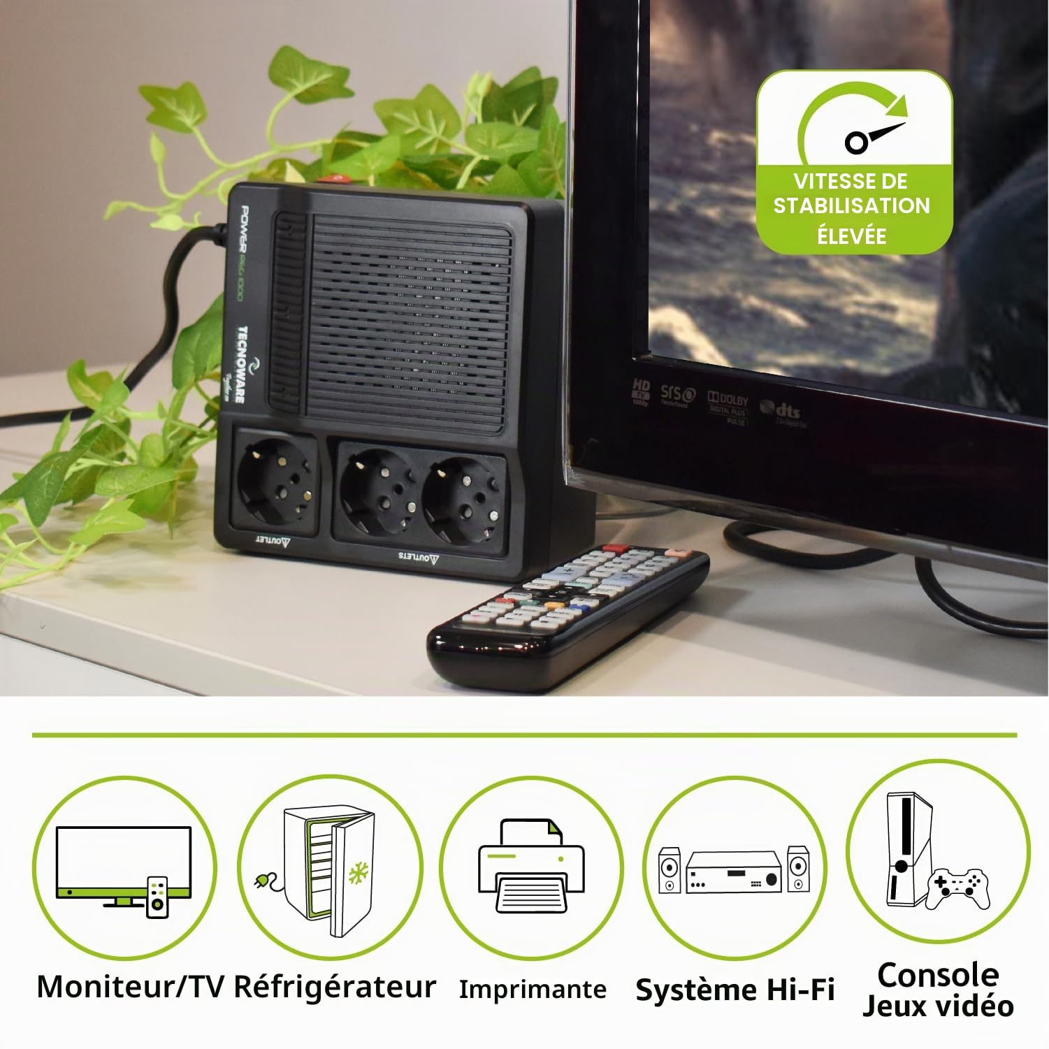 Tecnoware Stabilisateur de Tension 1000VA pour modem, routeur, PC et petits appareils électroniques, protège contre les surtensions, ce n’est pas un onduleur, prêt à l’emploi