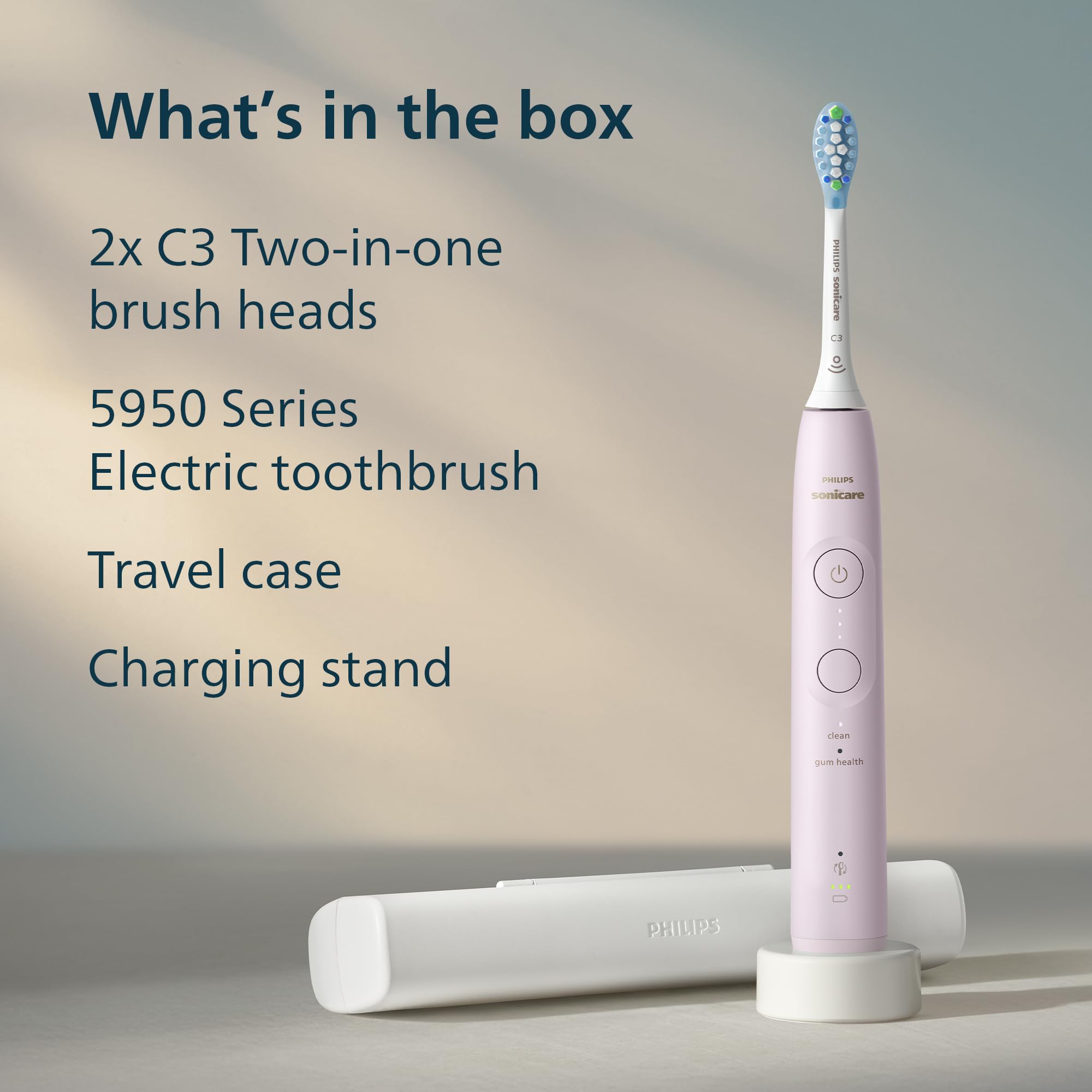 Philips Sonicare Cepillo de dientes eléctrico serie 5950 con sensor de presión, SmarTimer, BrushPacer, 6 ajustes de cepillado, 21 días de duración, maletín de viaje, rosa pálido, HX7132/03