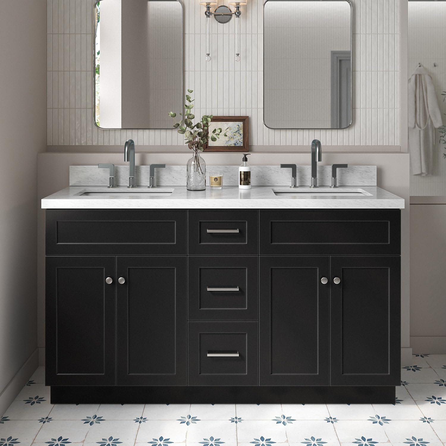ARIEL Hamlet 60-inch Bathroom Vanity with Sink,Solid Wood, 1.5-inch Italian Carrara Marble Countertop, Double Rectangular Porcelain Sink, 4 Soft Closing Doors, 3 Dovetail Drawers, Black