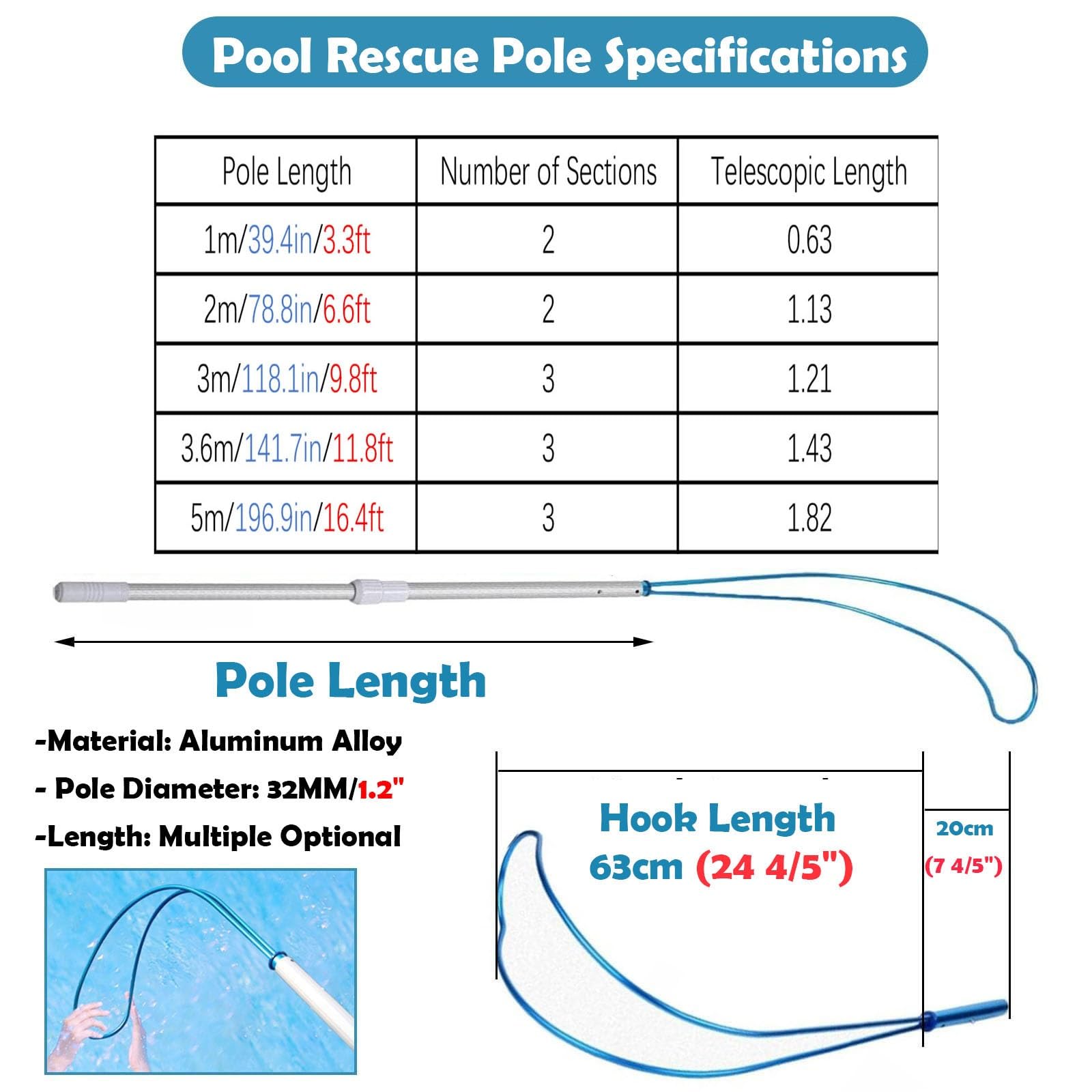 Haczyk ratunkowy do basenu - wytrzymały słupek bezpieczeństwa ze stopu aluminium (300 cm) - sprzęt ratowniczy do basenu - trwały hak ratunkowy dla ratownictwa