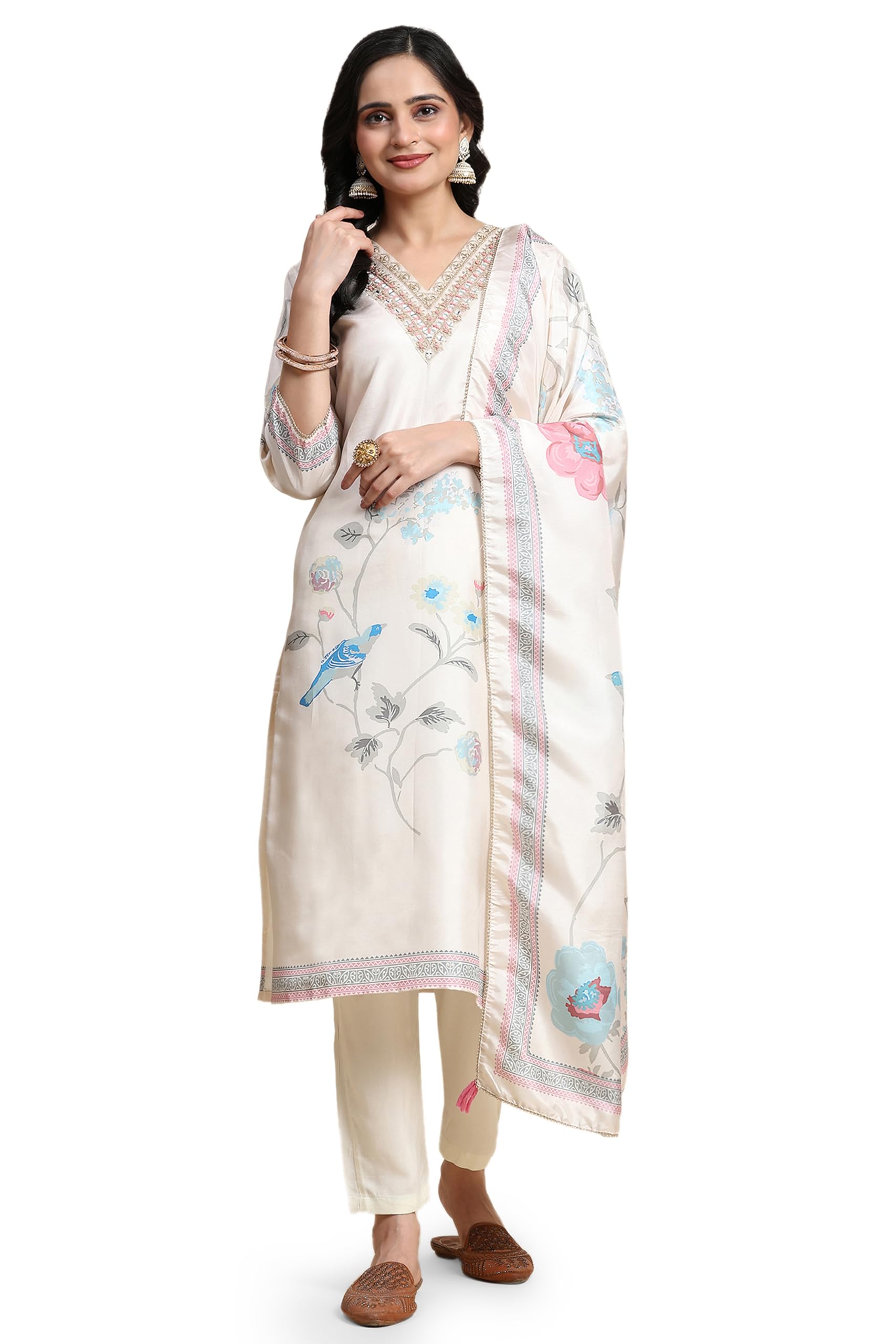 trendmalls Kurta Set for Women Silk Blend V Neck Embroidery Salwar Suit Set Kurta Pant with Digital Printed Dupatta-picture-26