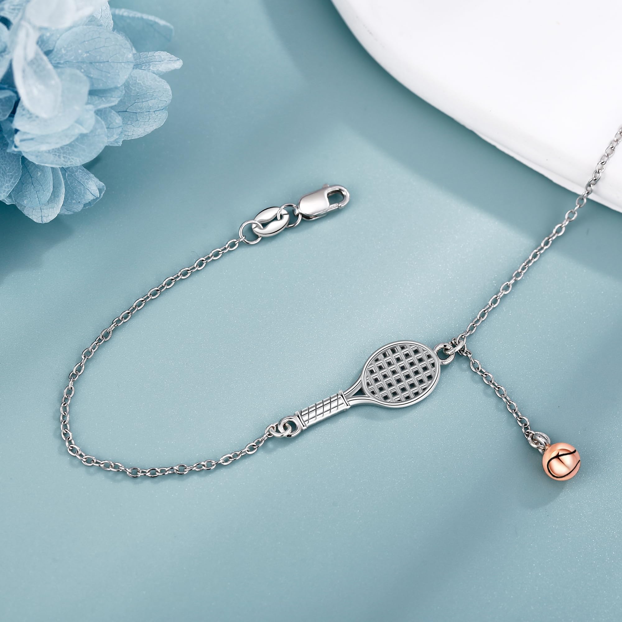 URONE Tennis Schläger Armband Sterling Silber Tennisschläger Anhänger Armband Sport Schmuck für Damen Tennis Liebhaber