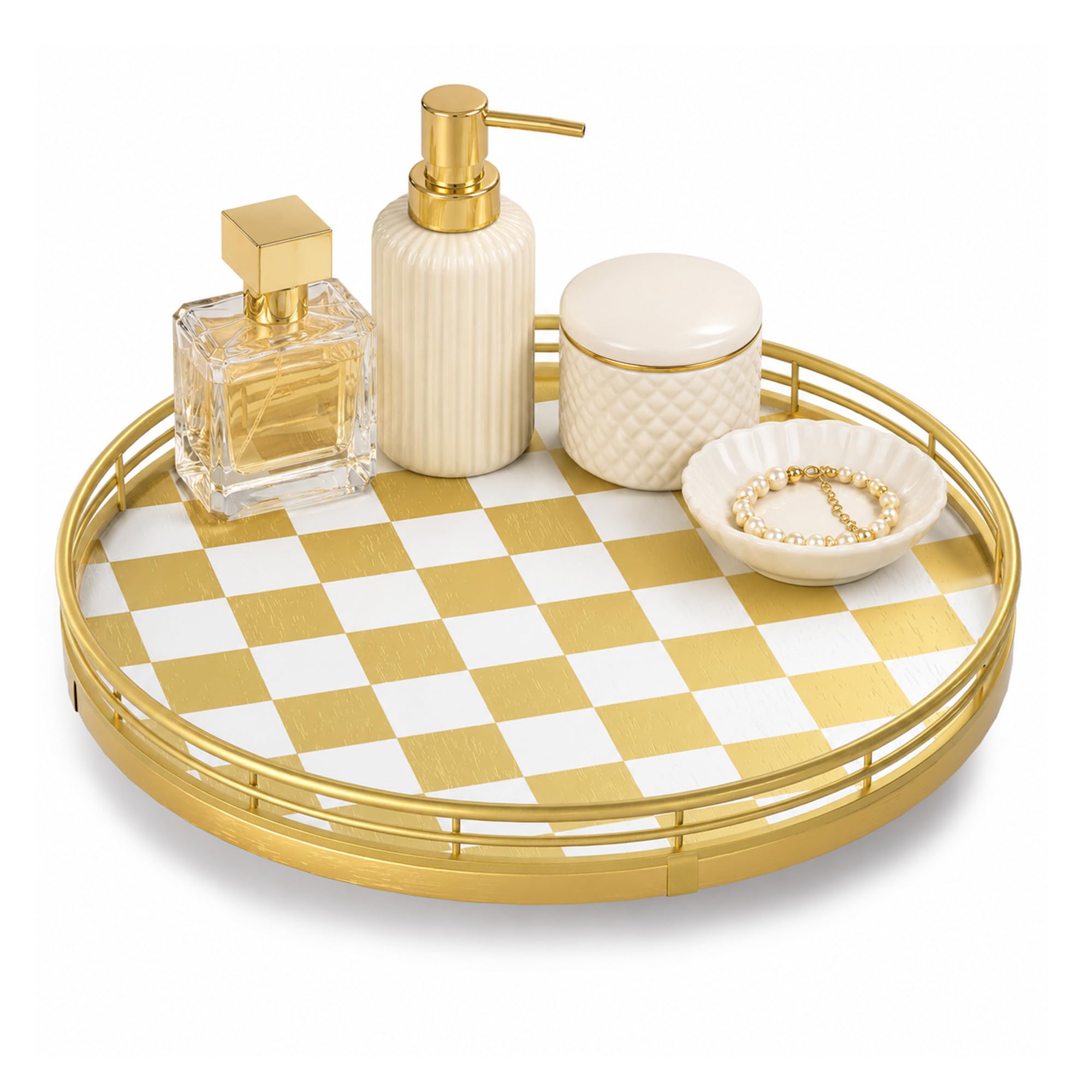AMH 10-Inch Gold Checkerboard Lazy Susan Vanity Tray with Metal Rail