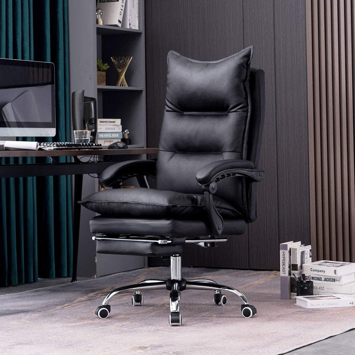 YOLENY Big and Tall Office Chair, Height-Adjustable Reclinable Ergonomic Swivel High Back Office Chair, Leather Office Chair with Foot Rest, Supports Up to 350 lbs, Black