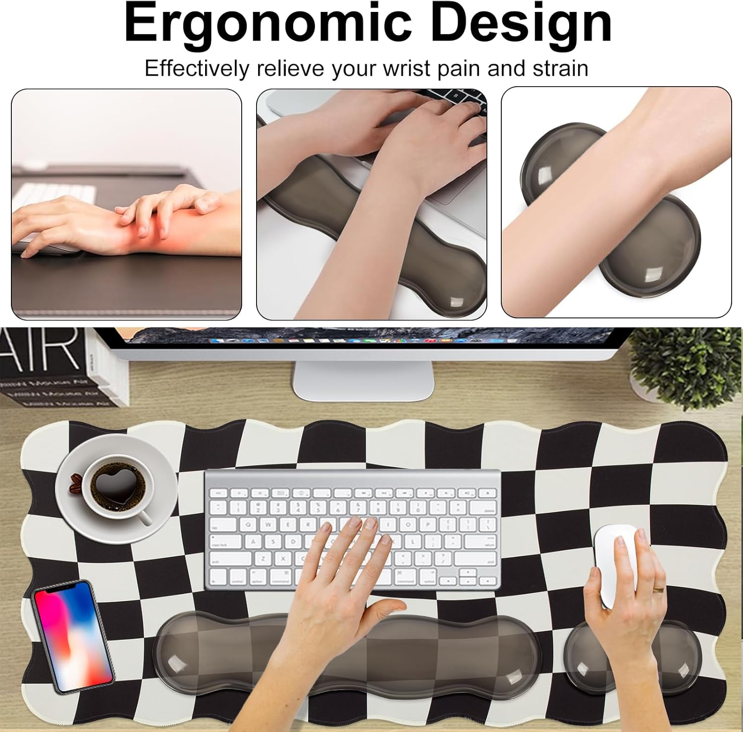 L-SPOUTTO Black Checkered Mouse Pad Set,Scalloped XXL Desk Mat + Ergonomic Mouse Wrist Rest + Gel Keyboard Wrist Rest for Keyboard 65%/75%,3in1 Large Desk Pad for Desktop Home Office Computer Game