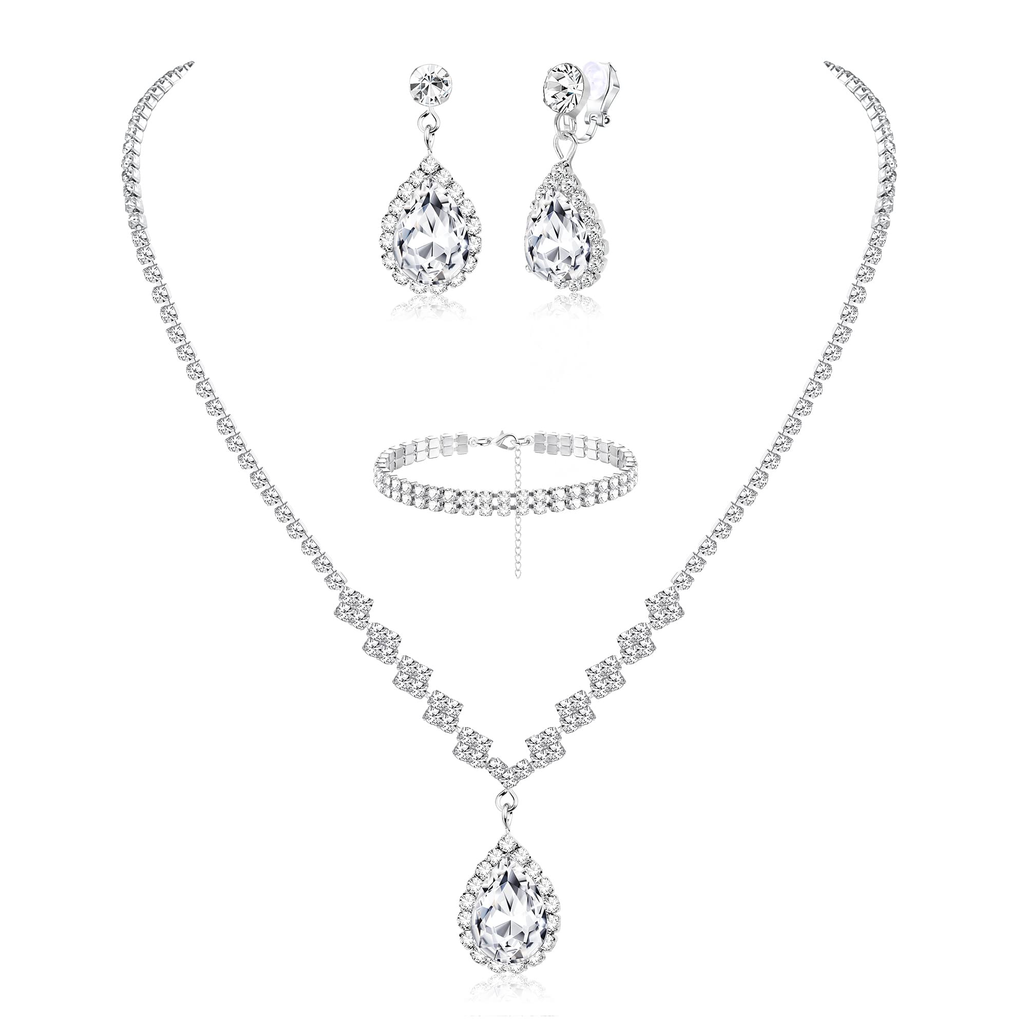 JeryWe Conjunto de collar de diamantes mujeres Diamantes Imitación Collar Pulsera Colgante Pendientes de clip conjuntos de la boda del partido