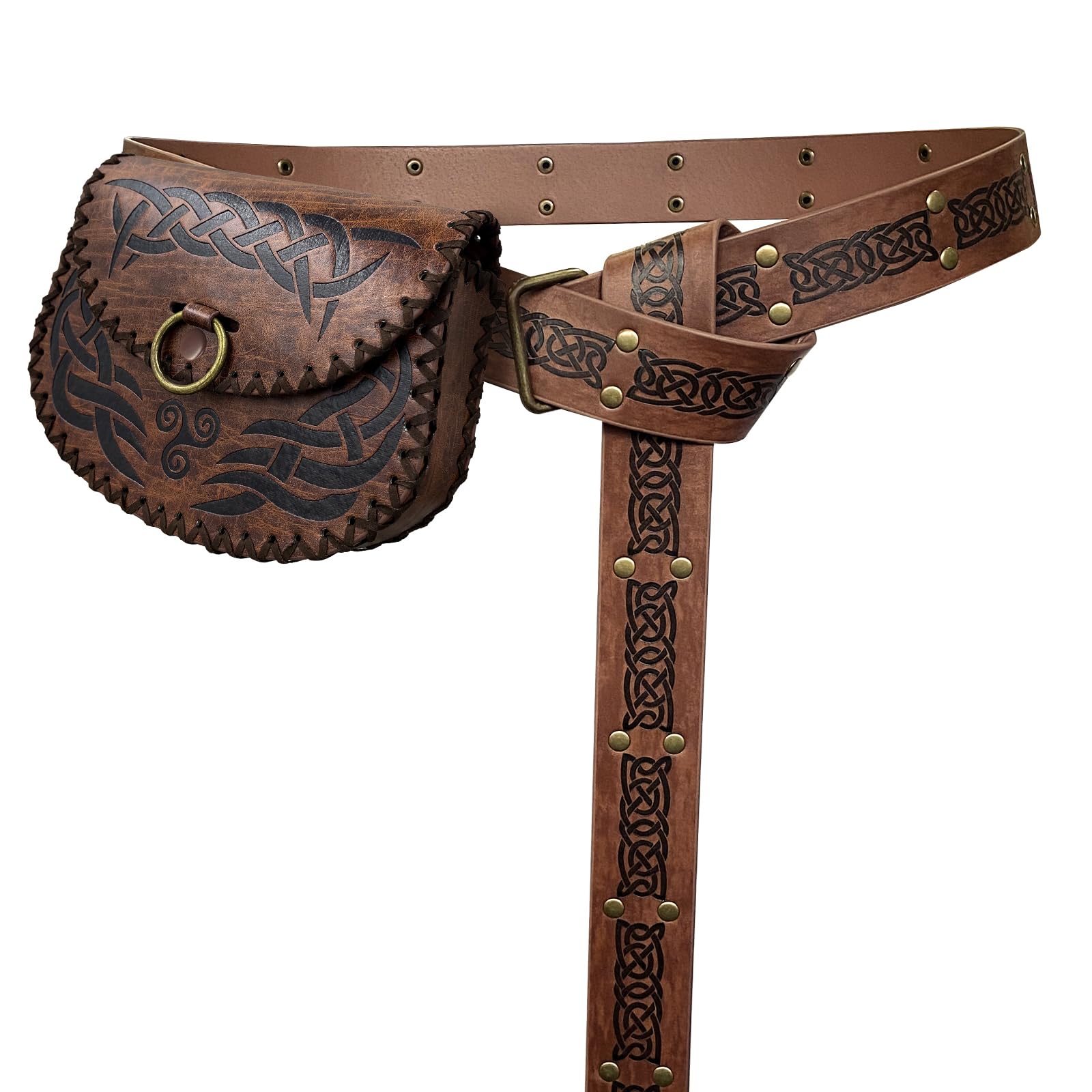 HiiFeuer Medieval Embossed Square Buckle Belt with Viking Embossed Belt Bag, Retro Middle Ages Faux Leather Knight Belt with Middle Ages Portable Belt Pouch, For Ren Faire LARP