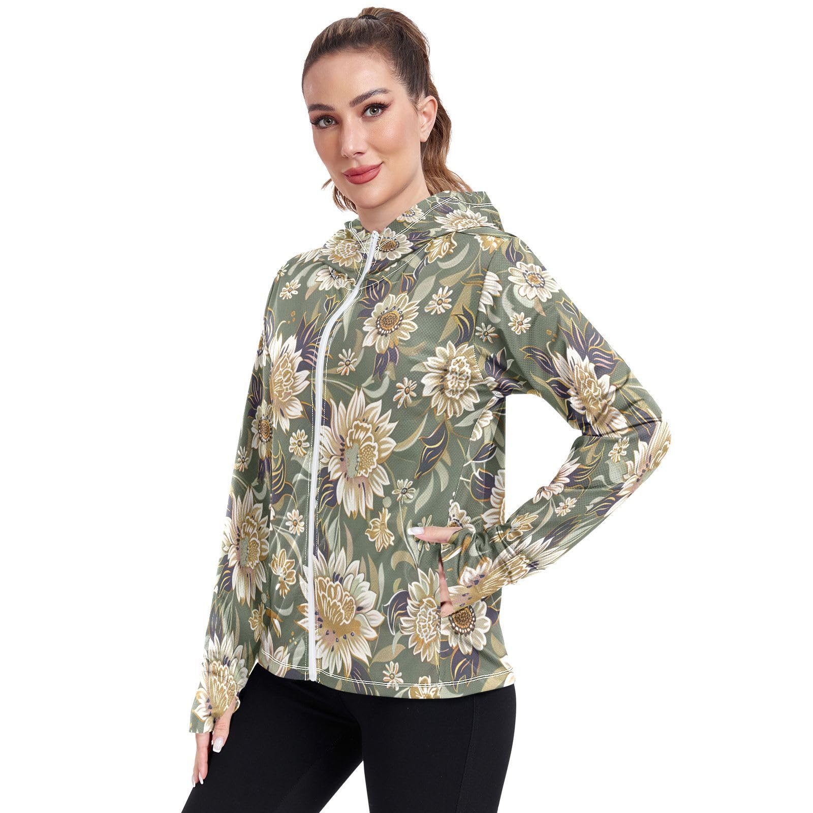 Kigai Flower Women's UPF 50+ Sun Protection Hoodie Jacket with Pocket Zip Long Sleeve Sun Shirt for Gardening Hiking Outdoor