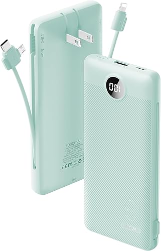 VRURC Portable Charger Built-in Cables and AC Wall Plug, USB C Power Bank 10000mAh, 2023 Upgraded Version Phone Charger Compact Lightweight External