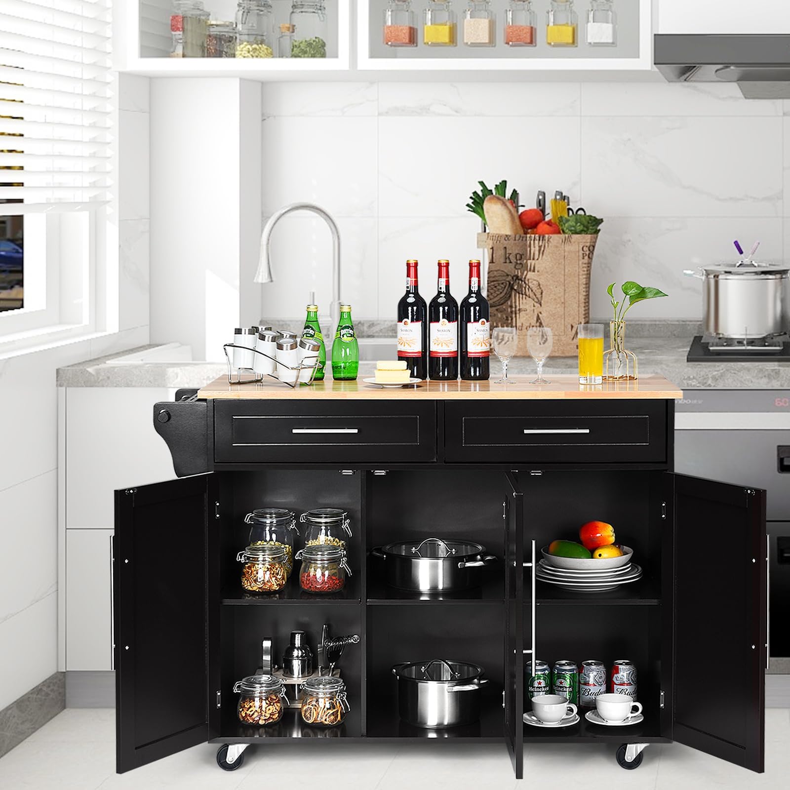 KOMFOTTEU Carrito de Cocina con Ruedas, Carro de Servicio con Encimera de Madera de Caucho, Isla de Cocina con Cajones, Toallero y Estantes Ajustables, Carrito Auxiliar, 122 x 46 x 92 cm (Negro)