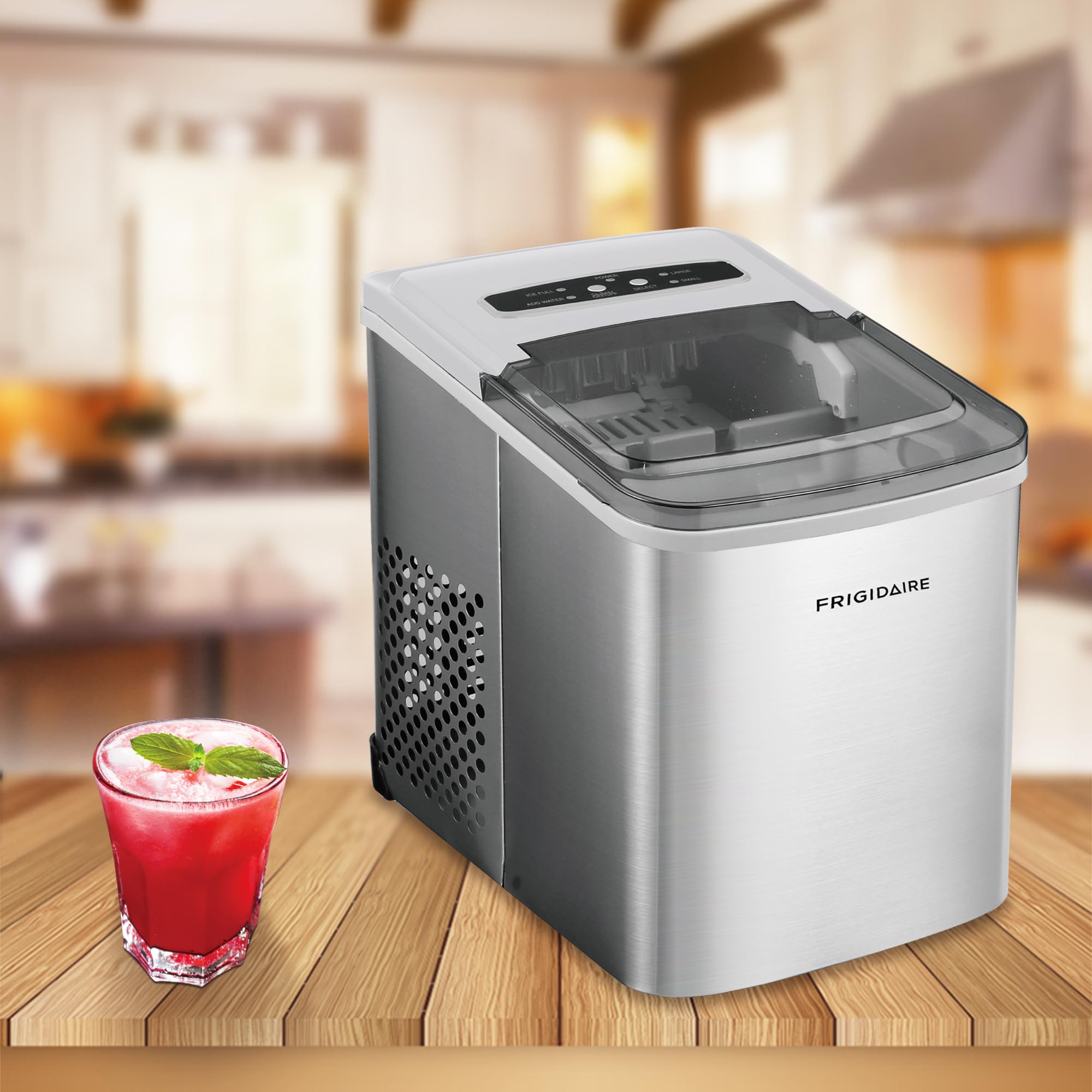 Frigidaire Portable Countertop Ice Maker, Stainless Steel, 26 lbs per Day, Self-Cleaning, Digital LED Control, 2.1 Qt Tank on Fridge.com