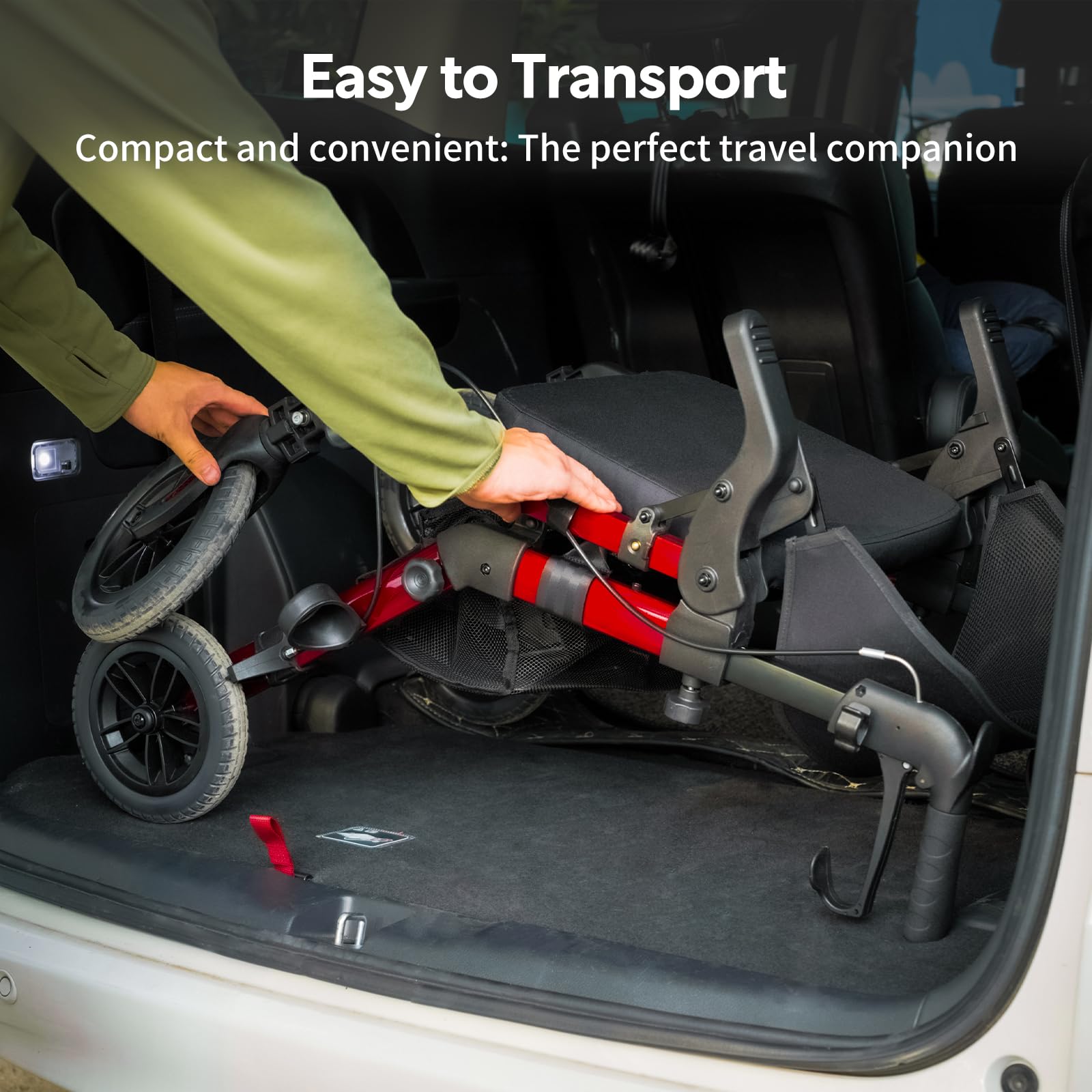 VOCIC 2 in 1 Rollstuhl Rollator Faltbar Leicht mit Sitz,Outdoor Gummireifen | Z51 Allen Gelände,Leichtgewicht Rollatoren mit Netztasche,Aluminium Gehhilfer Transport-Stuhl,Rot (5 Jahre Support)