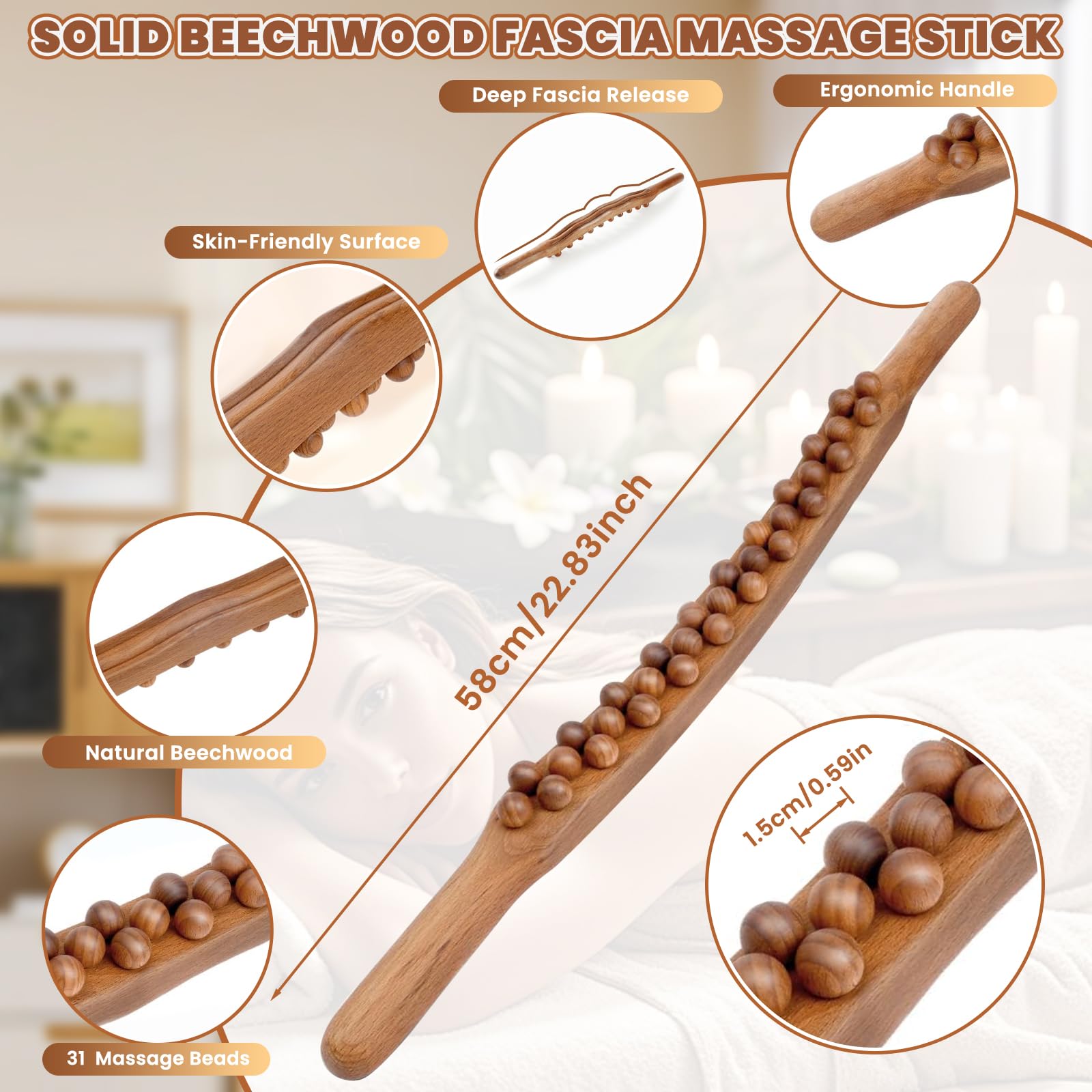 Gua Sha Wooden Therapy Varilla de madera con 31 perlas de masaje, natural y respetuosa con la piel, varilla de madera para espalda, cuello y piernas – Gua Sha – Varilla de terapia de madera Gua Sha