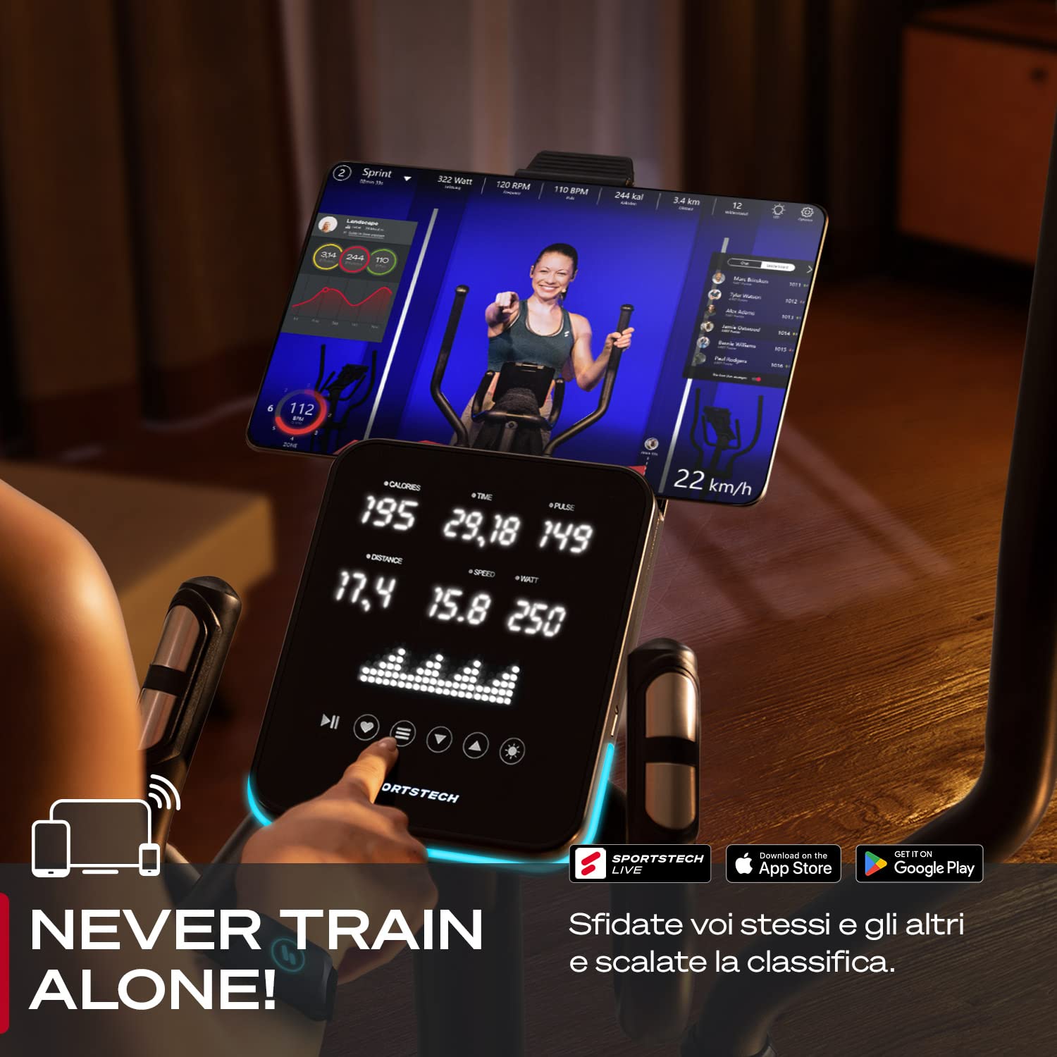 Sportstech CX700 Ellittica da Casa Trainer, Professionale Bike per la Palestra di Casa, Intelligente Cyclette Ellittica con Freno Magnetico e Sistema LED, 12 Programmi + Modalità HRC e Watt