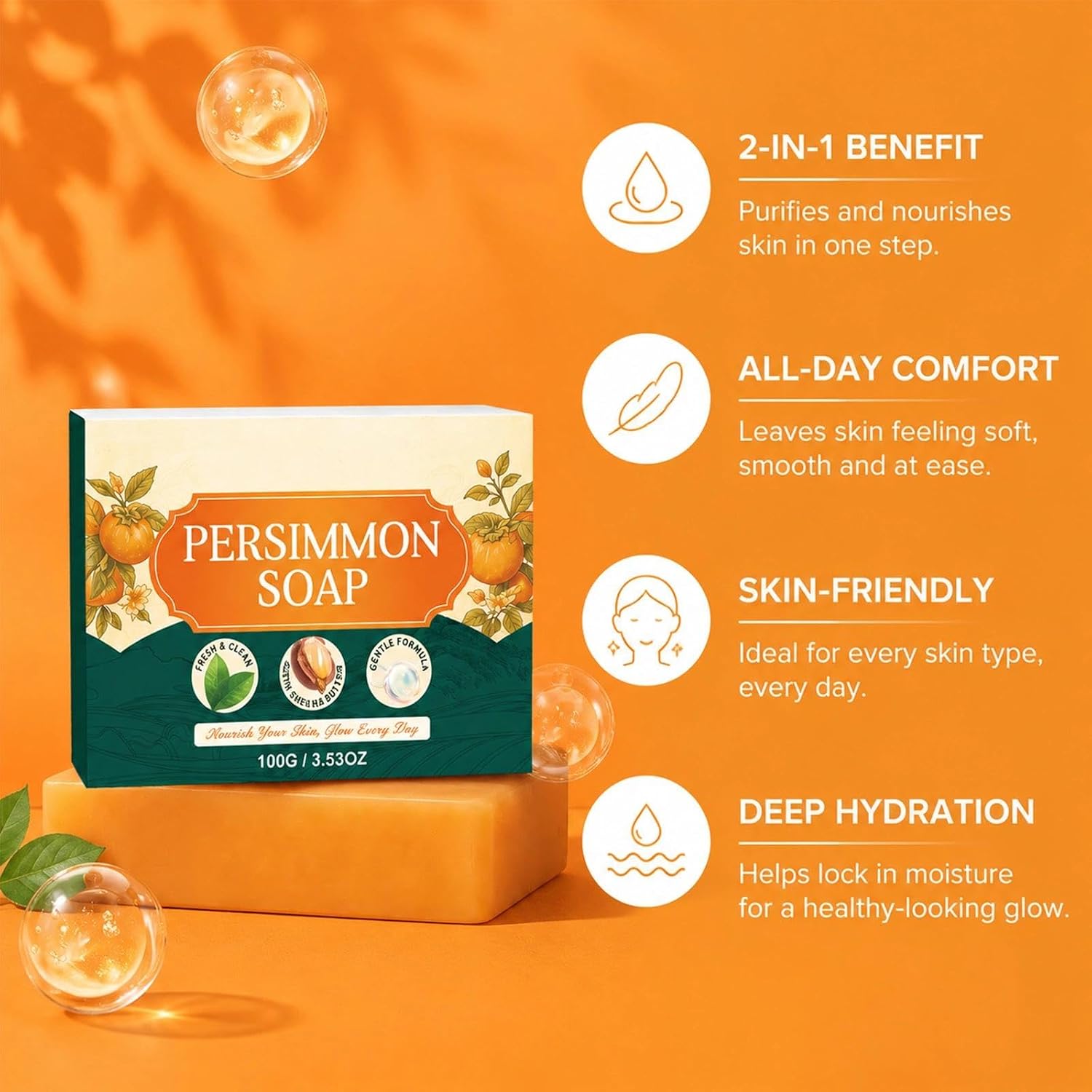 Japanese Deodorizing Persimmon Soap for Old People Smell, Best for Dry & Aging Skin, Natural Body Wash with Japanese Persimmon & Green Tea Extract, Gentle Cleansing for Mature Men & Women(2pc)