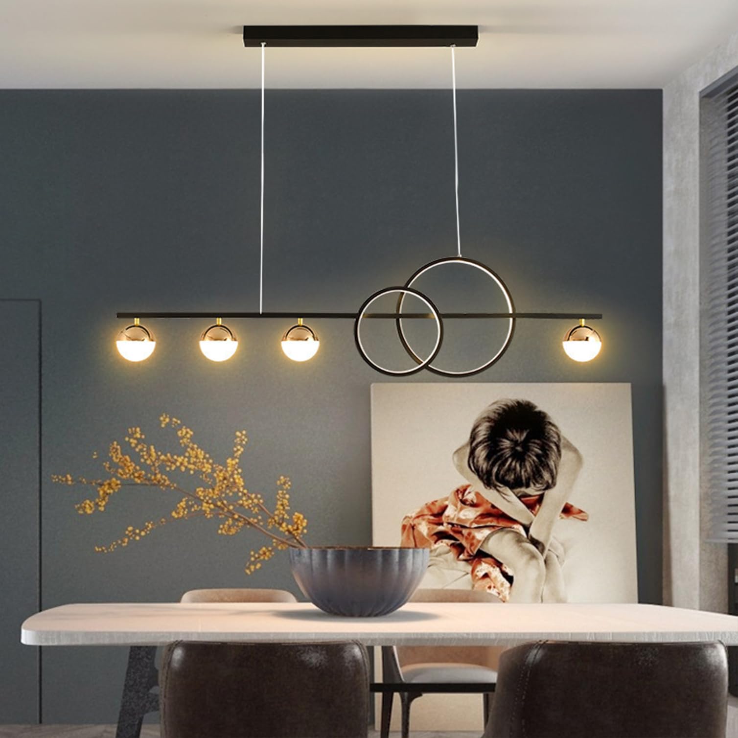 LED Pendant Lamp Dining Table Dimmable Pendant Lamp with Remote Control Pendant Lamp Modern LED Ceiling Light, Dining Table Lamp Pendant for Dining Room Kitchen Office Light (Black, L120cm)