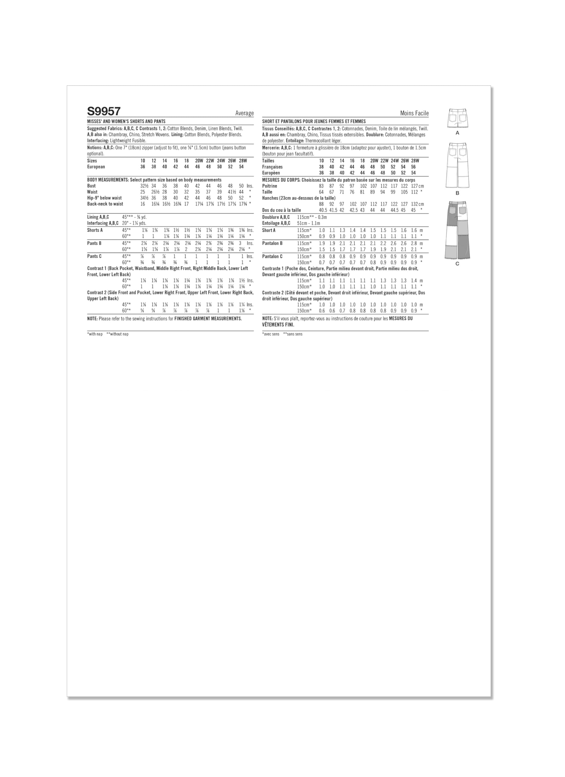 Simplicity SS9957AA Misses' and Women's Shorts and Pants Sewing Pattern Packet, Design Code S9957, Sizes 10-12-14-16-18, Multicolor