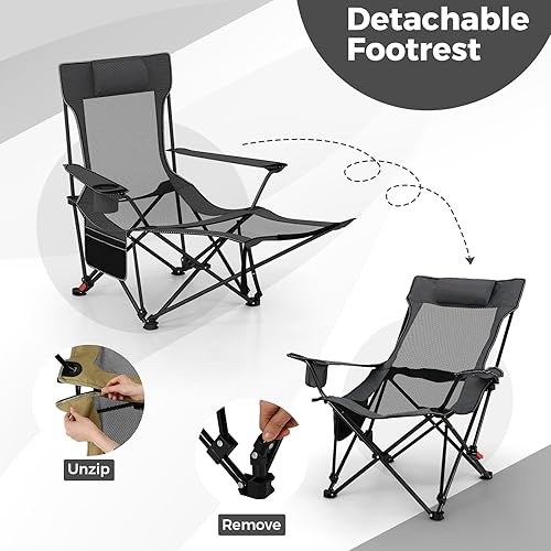Miniatura 6 de Goplus Silla de camping con reposapiés desmontable, silla de playa plegable con respaldo de 4 posiciones, bolsa de transporte, almohada extraíble,