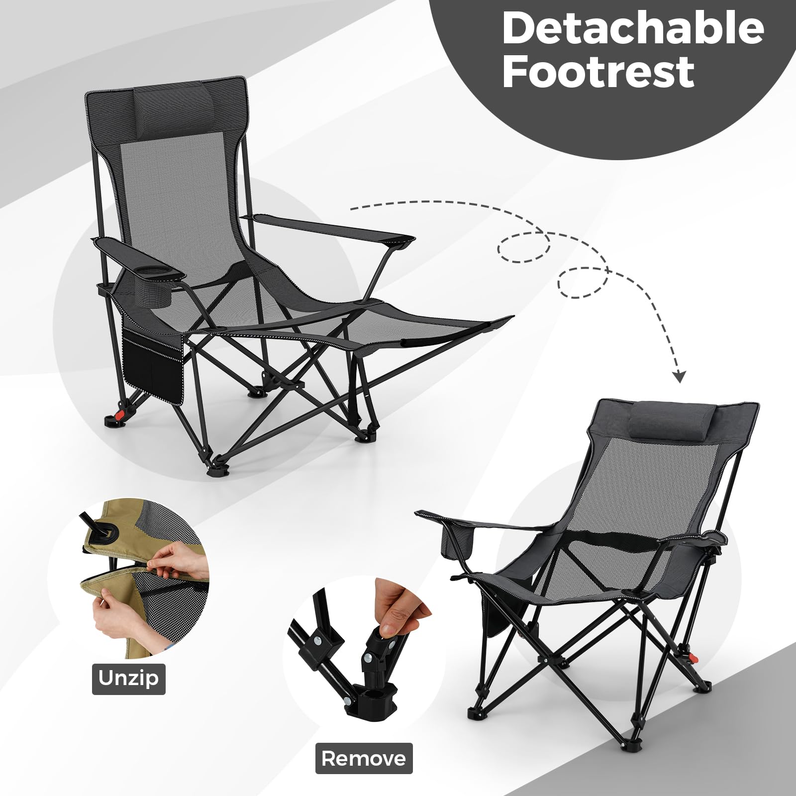 GOPLUS Chaise Longue de Camping avec Repose-Pieds Détachable, Chaise Plage Pliante avec Dossier 4 Positions, Ultra Leger, Coussin Amovible, Porte-gobelet, Pochette Rangement, Charge 150 kg (Gris)