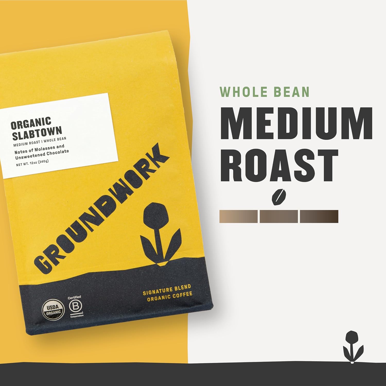 Groundwork USDA Organic Whole Bean Coffee, Slabtown, 12 oz Bag (Pack of 2)