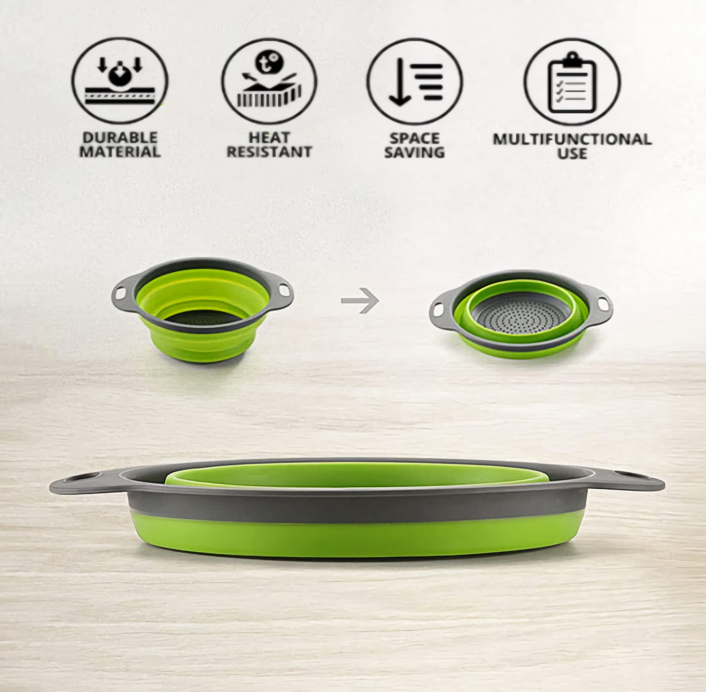 Paniers Filtrants Pliables En Silicone - Lot De 2 (29.2 Et 24.7 Cm) - Pour Pâtes, Légumes, Salades - Qualité Alimentaire