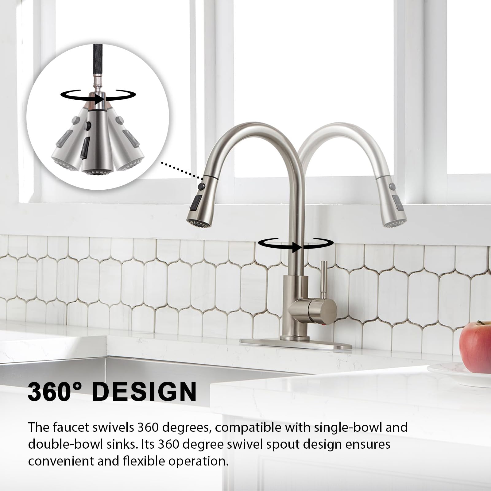 VAPSINT Grifos de cocina, grifo de cocina de níquel cepillado con rociador extraíble, grifos de cocina extraíbles de arco alto, grifos de fregadero de cocina comercial para granja, caravana, caravana