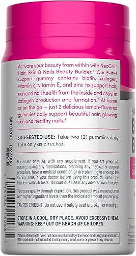 Miniatura 3 de NeoCell Constructor de belleza para cabello, piel y uñas con colágeno, biotina y vitamina C, incluye antioxidantes, gomitas, limón, 60 unidades, 1