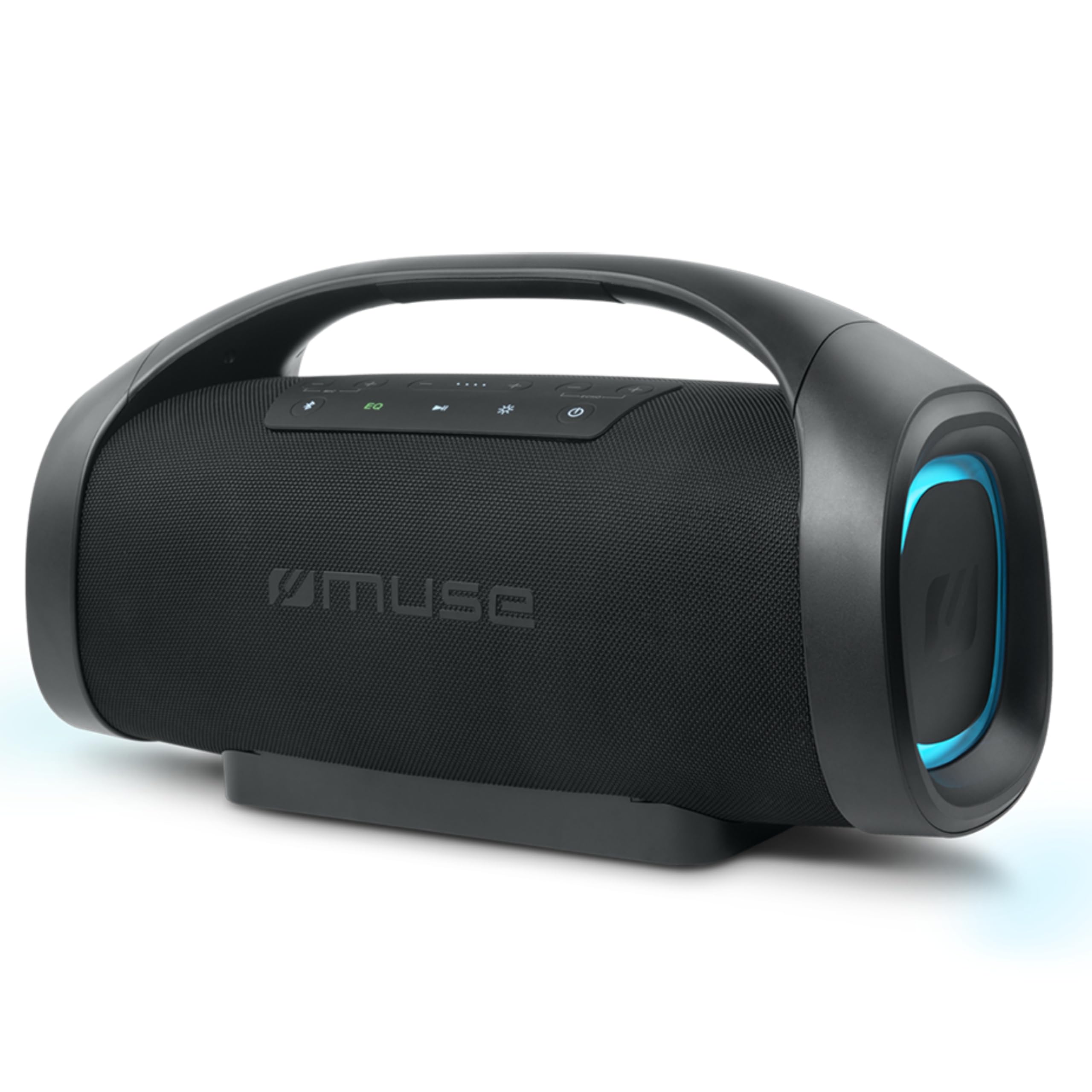 MUSE M-980 BT. Altavoz Bluetooth portatil con 300W de Salida. Par estéreo IPX6. Ajute de Graves y Agudos. Display indicador de la Carga de batería, USB, Entrada Aux. 2 x Mic Jacks. Color Negro