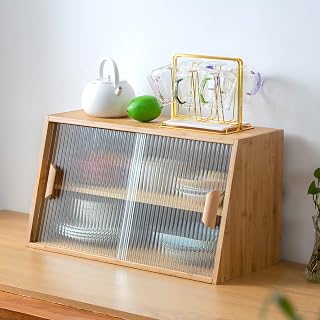 HollyHOME Small Bamboo Kitchen Sideboard with Sliding Glass Doors & Adjustable Shelf - Freestanding Pantry Cabinet for Dishes & Bottles, Burlywood