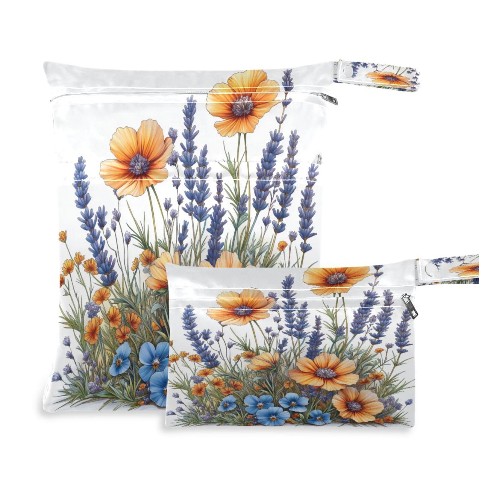 ATTX Colorful Wildflowers Wet Dry Bags 2-Pack - Reusable Cloth Diaper Storage for Travel, Beach & Gym | Multi-Use Waterproof Bags for Swimsuits, Baby Clothes, Sports Gear#145
