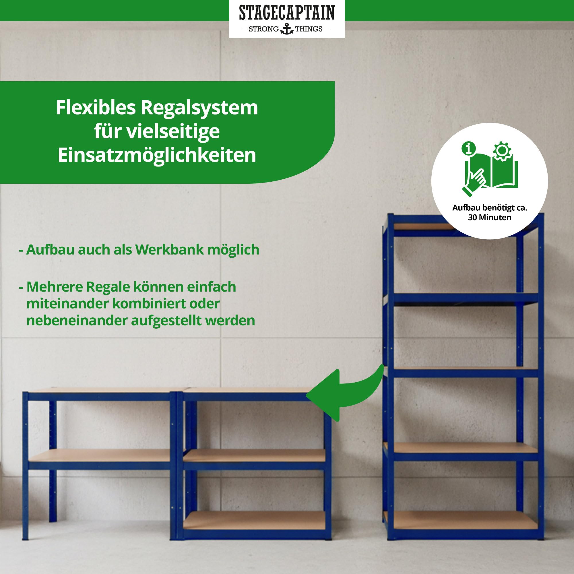 Stagecaptain 4 x zestaw regałów magazynowych Heavyrack – 5 półek do montażu – metal malowany proszkowo – możliwość przebudowy jako stół warsztatowy – nośność jednej półki: 175 kg – nośność całkowita