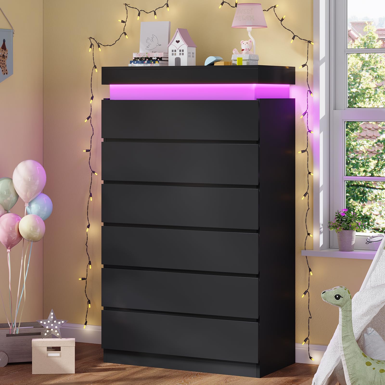 HAUOMS Tall 6 Drawer Dresser in black with LED light, a modern chest of drawers.