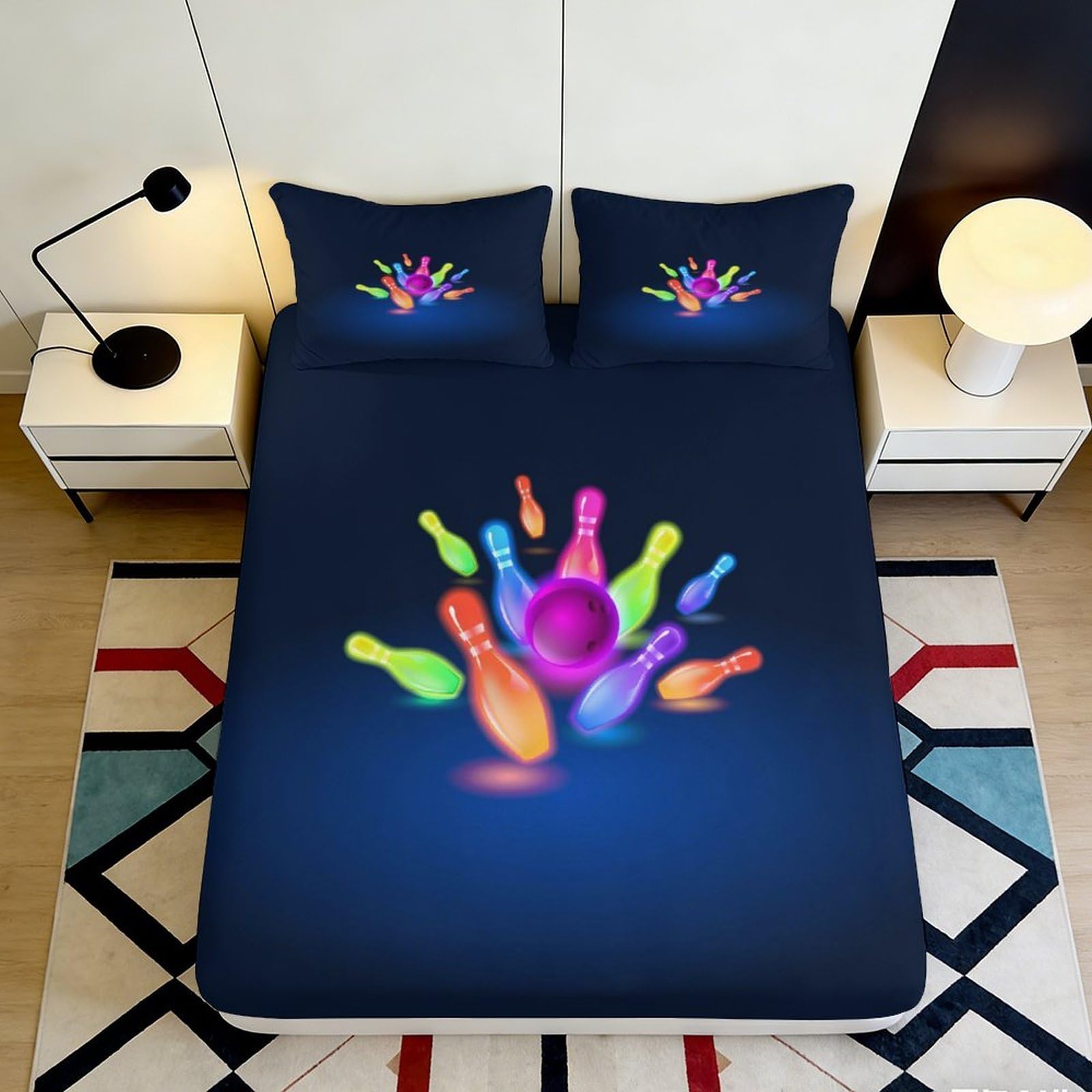 3D Printed Neon Bowling Fitted Sheet Microfiber Slip-Resistant Bed Cover for Bedroom Guest Room Decor Easy Care 90x200x25cm