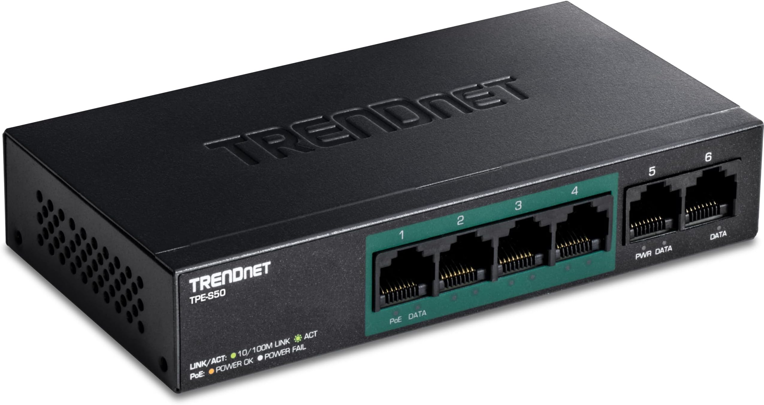 TRENDnet 6-Port Fast Ethernet PoE+ Switch, TPE-S50, NDAA Compliant, 60W PoE Budget, 1.2 Gbps Switch Capacity, Metal, Black, Lifetime Protection