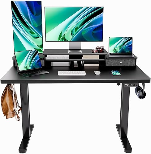 Marsail Escritorio de pie de altura ajustable, escritorio eléctrico de pie de 48 x 24 pulgadas con doble cajón, estación de trabajo ergonómica para