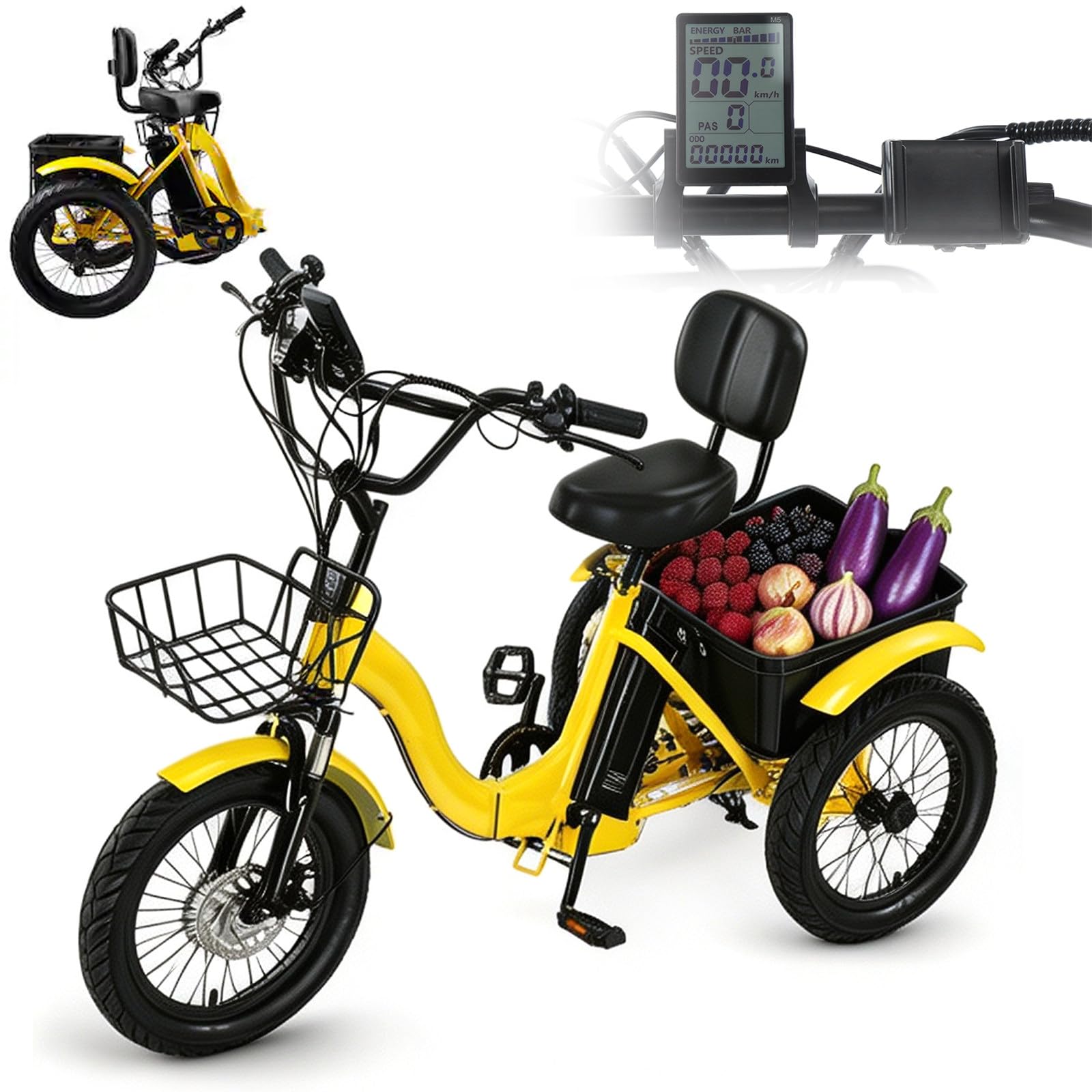 BuilfutenM Cargo Electric Tricycle for Adults Tricycle Bike Pedal Bike Fat Tyre with Basket Easy Climbing Load Capacitay Fat Tire for Adults,Comfortable Rides 18Inch-Yellow