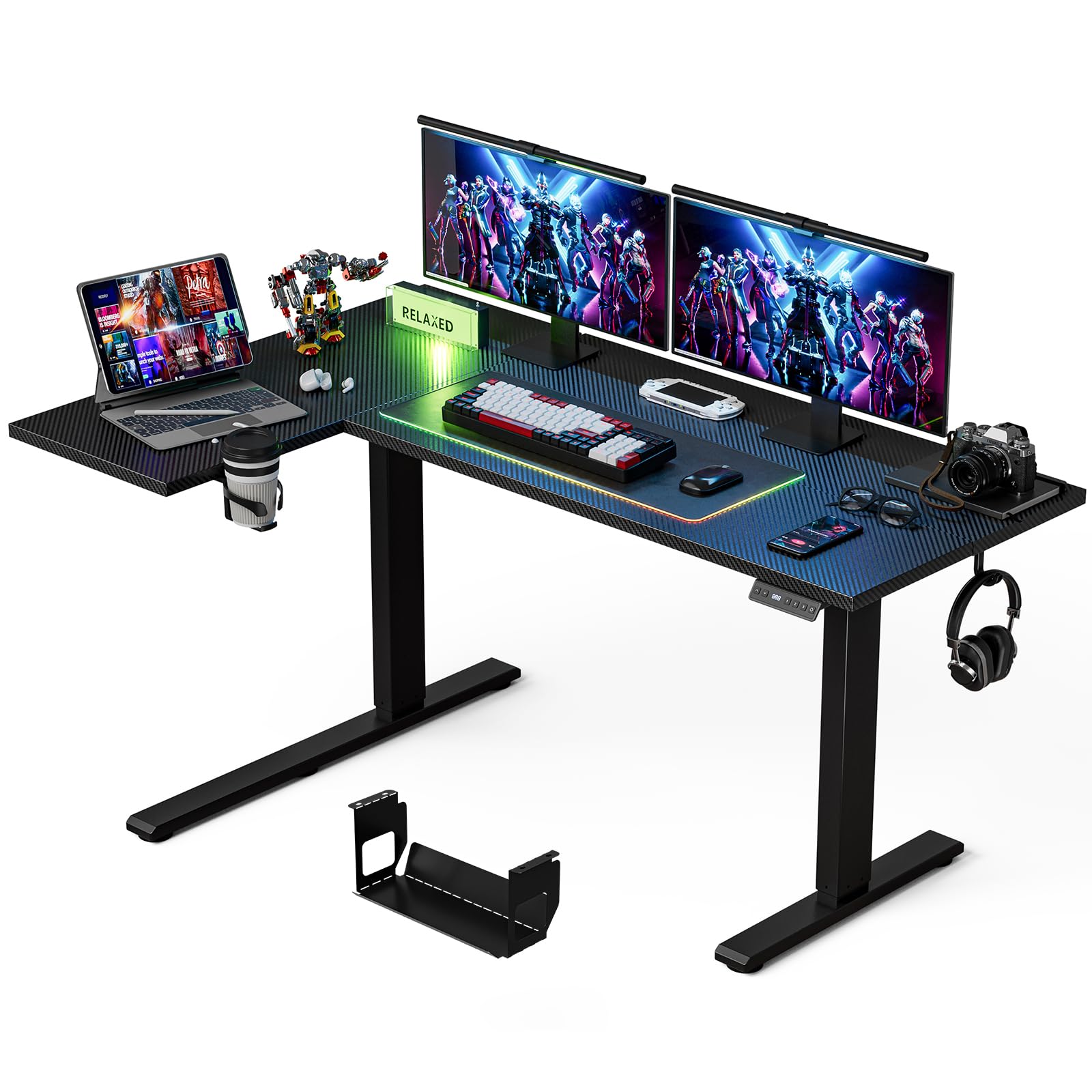 Muvai 59 Inch L Shaped Standing Desk Adjustable Height with Cable Management Tray,Gaming Electric Corner Standing Desk, Sit Stand Computer Table with Reversiable Splice Board, Black Carbon