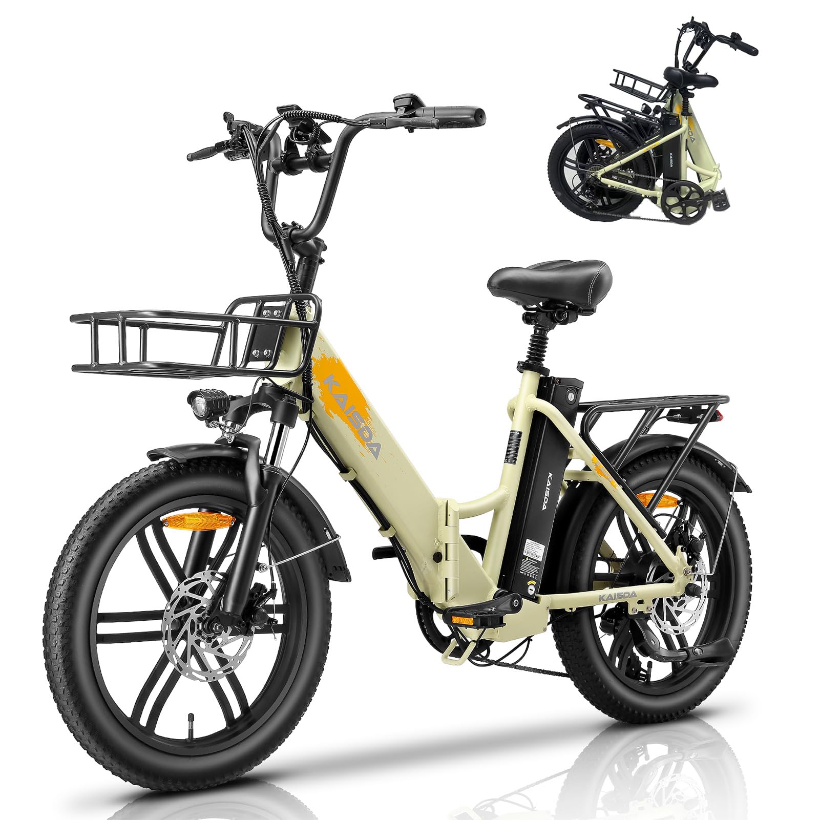 KAISDA eBike Klapprad 20 Zoll, Doppelbatterie 36V 20.8Ah Erwachsene E- Klapprad Elektrofahrrad Reichweite bis 75KM 7-Gang-All-Terrain E-Bike Herren für MTB, Strand & Schnee(Gelb) Sport & Freizeit