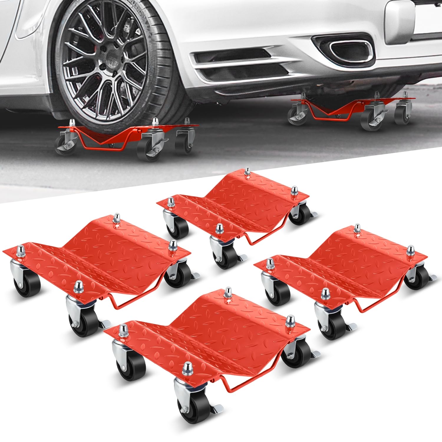 Auto Dynasty Car Wheel Dolly Set of 4 Piece, 6000LBS Capacity Car Moving Cart with Brakes, Heavy Duty Vehicle Dolly Steel Tire Skates for Trucks, Trailers, Motorcycles, and Tractors (Red)