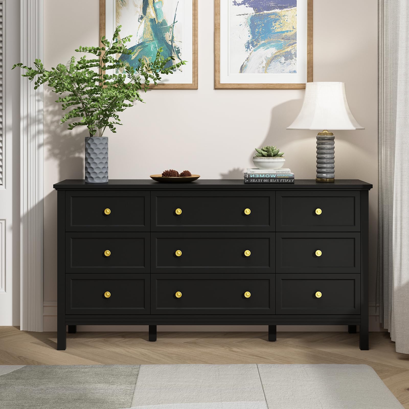 Amazon.com: CARPETNAL Black Dresser for Bedroom, 9 Drawer Dresser with Wide  Drawers and Gold Metal Handles, 59