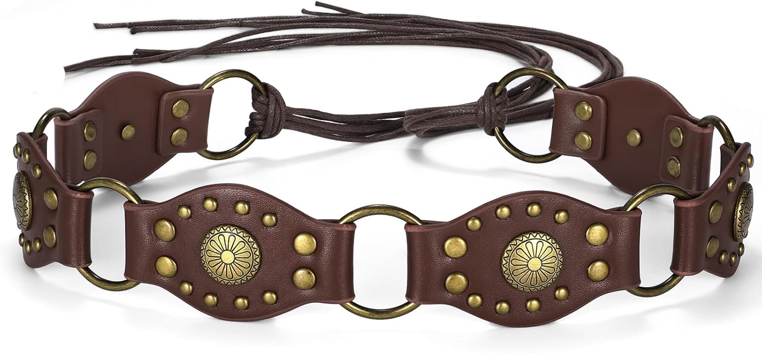 SANSTHS Women's Bohemian Western Rope Braid Belt with Metal Rings, Rivets & Engraved Discs - Festival Boho Street Style