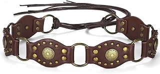 SANSTHS Women's Bohemian Western Rope Braid Belt with Metal Rings, Rivets & Engraved Discs - Festival Boho Street Style