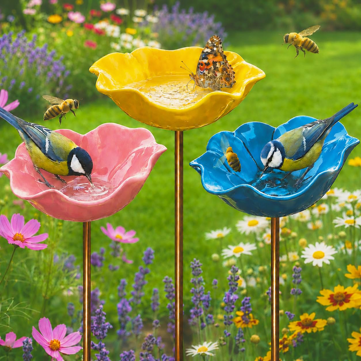 Metal Bird Bath for Garden,Handmade Flower-Shaped Feeder,Freestanding Outdoor Birdbath,Wildlife Water Bowl for Birds,Bees and Butterflies – Garden,Lawn & Patio Decor（Pink, Yellow, Blue）