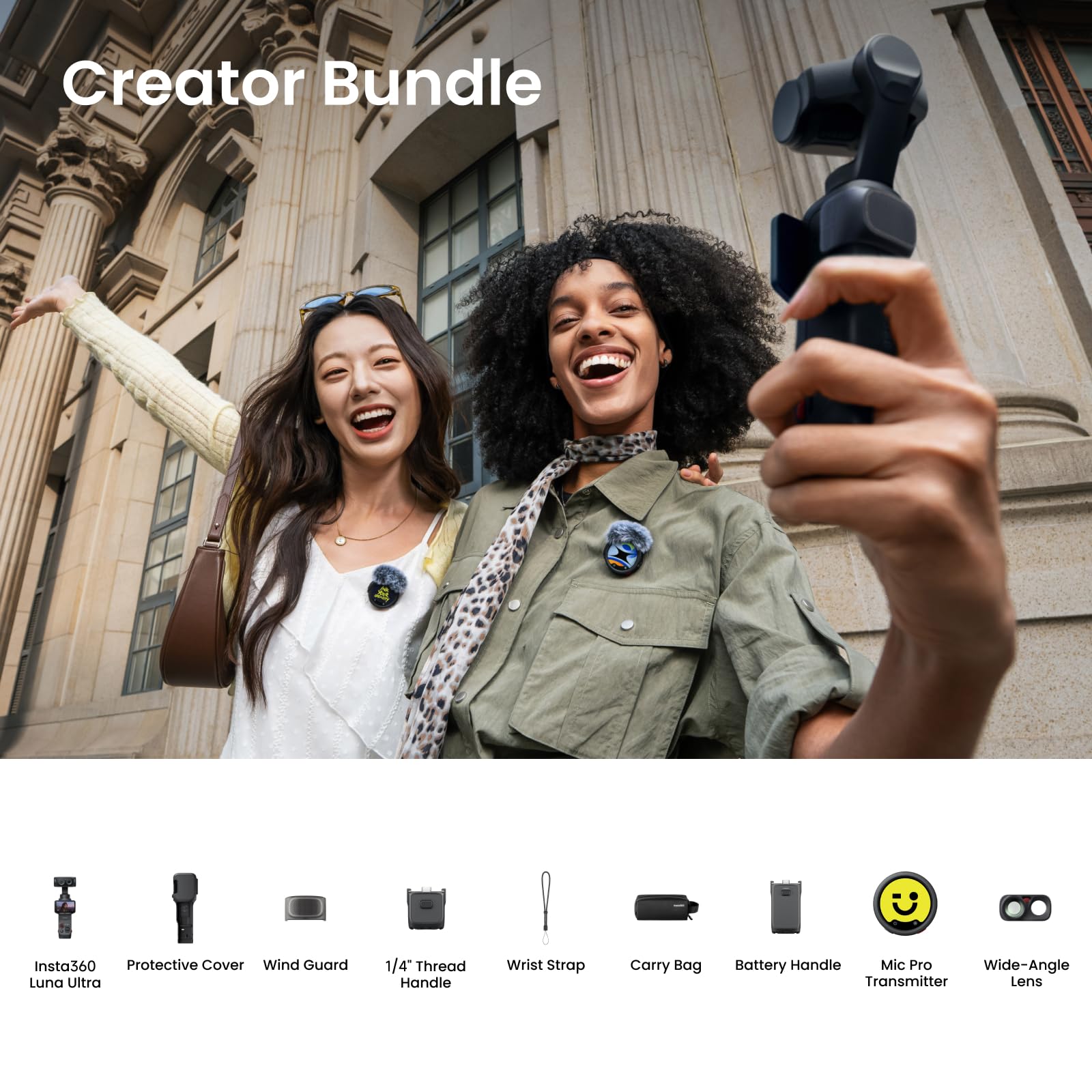 Insta360 Luna Ultra Creator Pack - Aparat Vlog 8K z dwoma obiektywami Leica, 12x Zoom, 1 "Czujnik, Wymienny Ekran Dotykowy 2", Potrójny Chip AI, Kieszonkowy aparat Gimbal do Fotografii Vlog