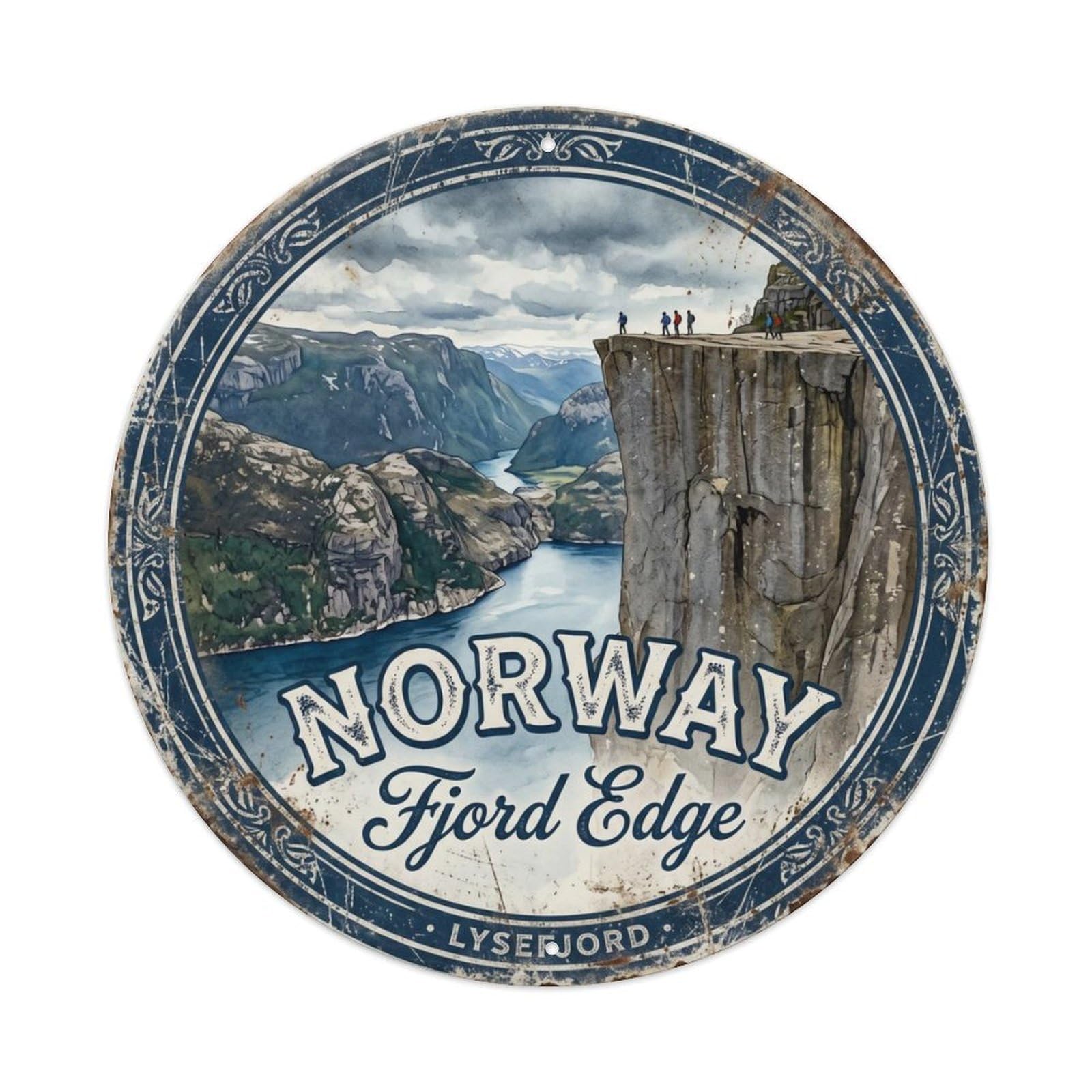 Vintage Travel Lysefjord Pulpit Rock Metal Tin Sign Plaque Wall Decor for Cafe, Club, Garden Round Metal Poster 8x8Inch