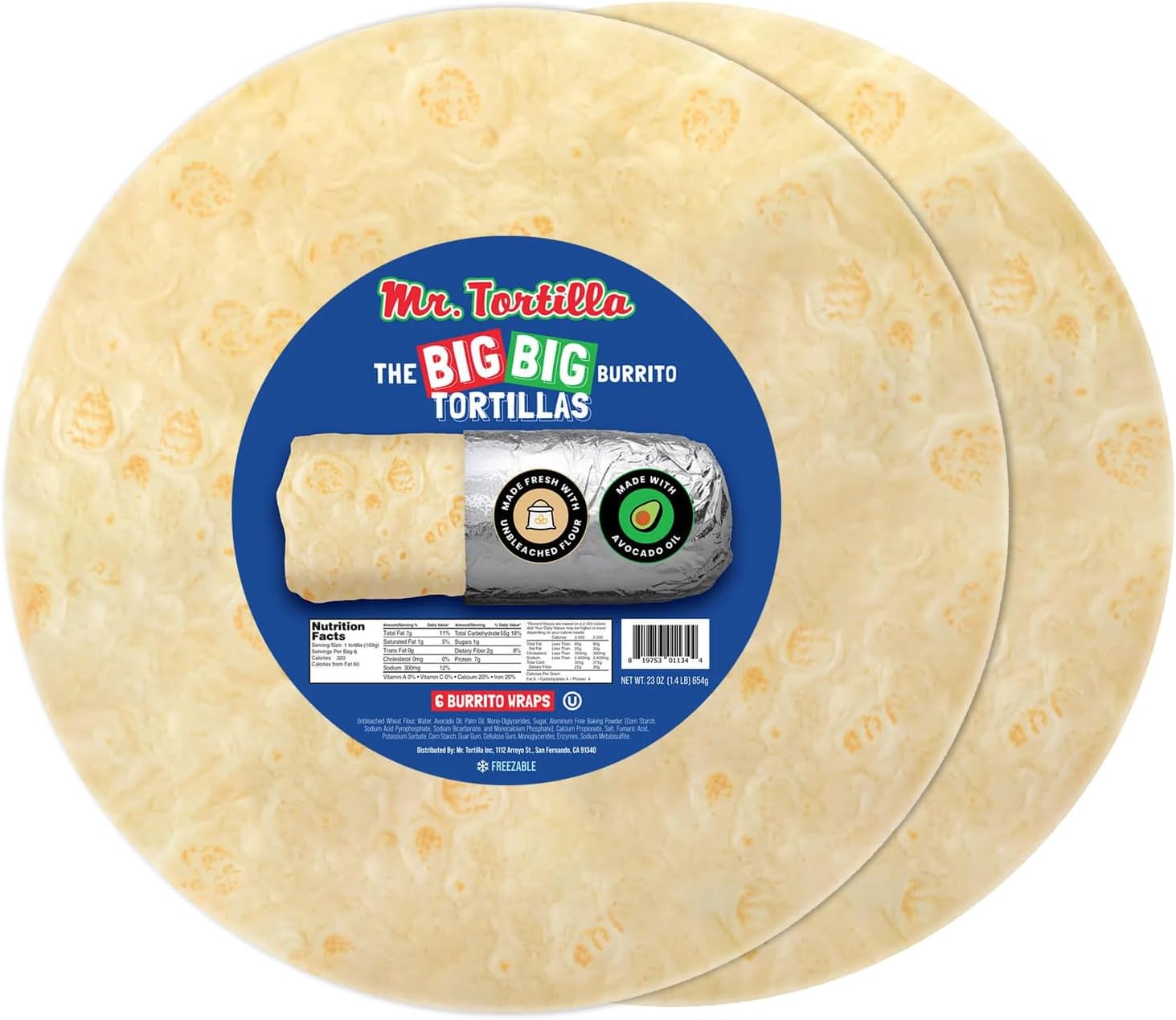 Mr. Tortilla Big Big Burrito Wraps - 12-13" - Small-Batch Artisan Tortillas, Restaurant Size, Made with Avocado Oil - Vegan Kosher (Traditional Flour, 12 Wraps)